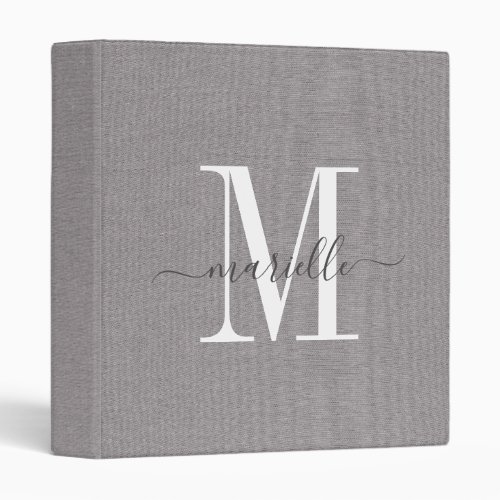 Monogram Gray White Script Faux Linen 3 Ring Binde 3 Ring Binder