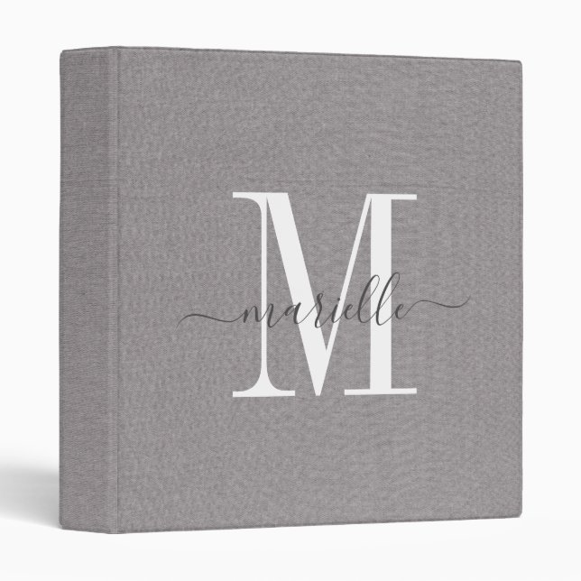 Monogram Gray White Script Faux Linen 3 Ring Binde Binder (Front/Spine)