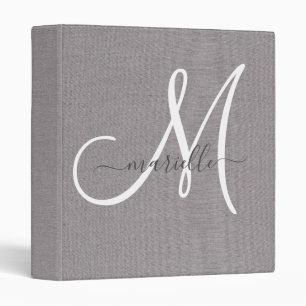 Monogram Gray White Script Faux Linen 3 Ring Binder