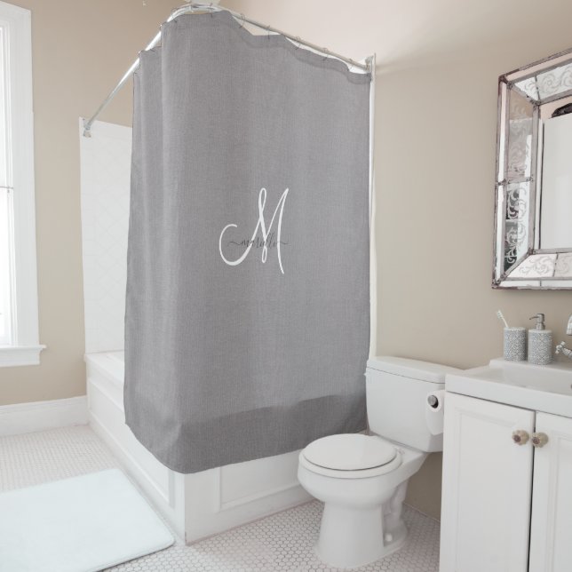 Monogram Gray White Script Faux Linen  Shower Curtain (In Situ)