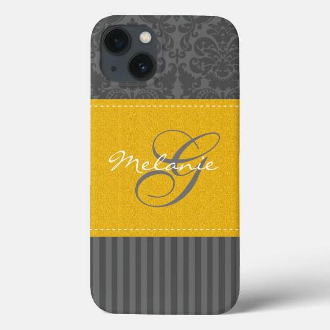 Monogram Gray Yellow Damask Stripe iPad Air Case (Back)