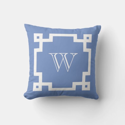 Monogram Greek Key Border Blue Throw Pillow