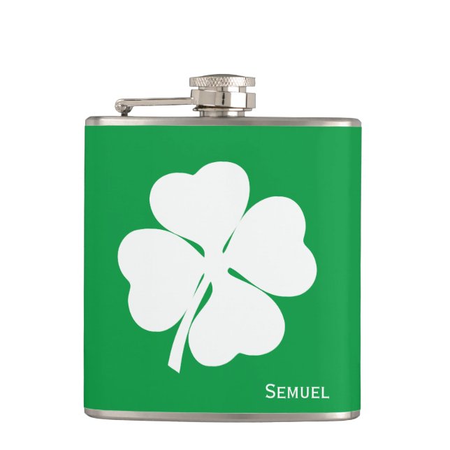Monogram Green 4 Leaf Shamrock Skull And Green Hat Flask (Front)