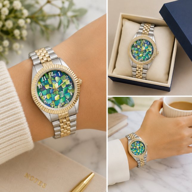 Monogram Green Abstract Tiles Green Watercolor Watch (Creator Uploaded)