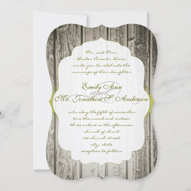 Monogram Green Accents Rustic Barn Wood Wedding Invitation (Front)