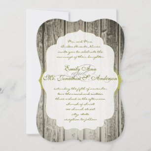 Monogram Green Accents Rustic Barn Wood Wedding Invitation