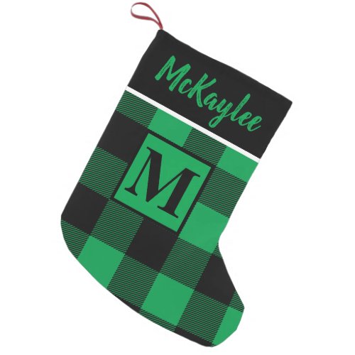 Monogram Green and Black Buffalo Plaid Personalize Small Christmas Stocking