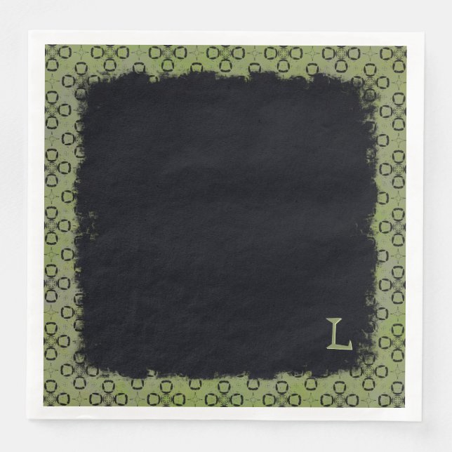 Monogram Green and Black Retro Pattern Paper Dinner Napkins (Front)
