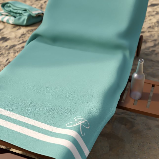 Monogram Green and Cream Stripes Elegant Beach Towel (Suitable for all mermaids. Just add your initial)