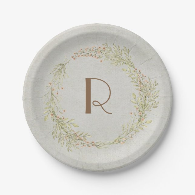 Monogram green and orange summer wreath paper plates (Front)