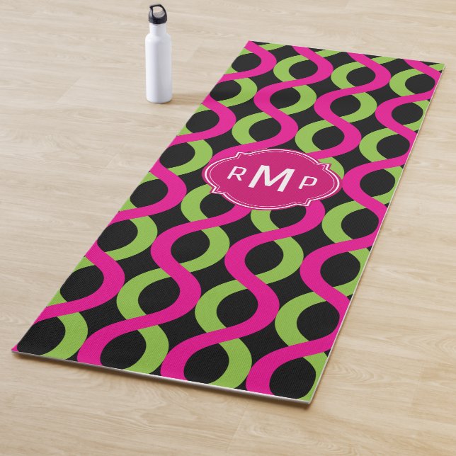 Monogram Green and Pink Waves Pattern Yoga Mat (In Situ)