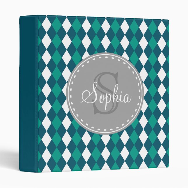 Monogram Green and White Argyle Pattern 3 Ring Binder (Front/Spine)