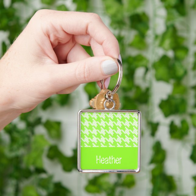 Monogram green and white houndstooth pattern  keychain (Hand)