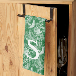 Monogram Green Bird Floral Intricate Vintage Art Kitchen Towel