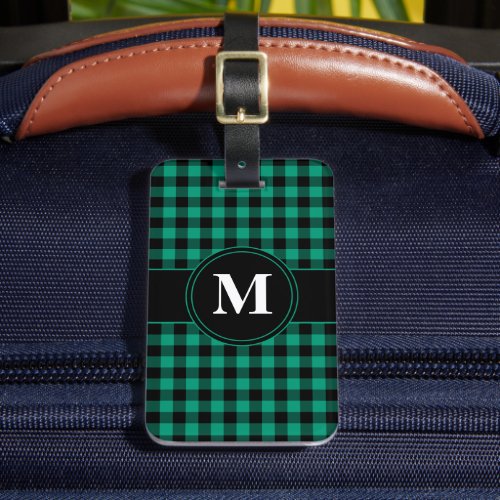 Monogram Green  Black Gingham Pattern Luggage Tag