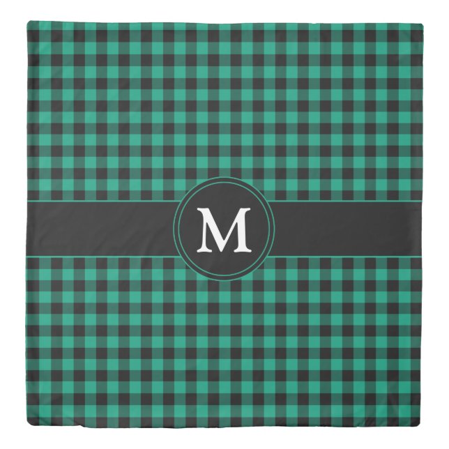 Monogram Green & Black Gingham Plaid Check Pattern Duvet Cover (Front)