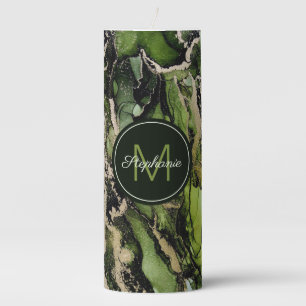 Monogram Green Black Gold Abstract Pillar Candle