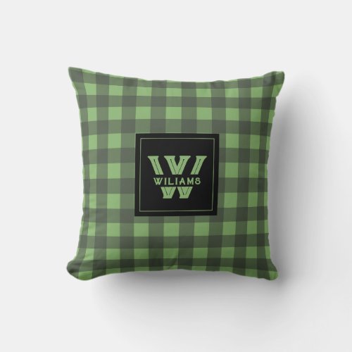 Monogram Green Black Plaid Pattern Farmhouse Throw Pillow
