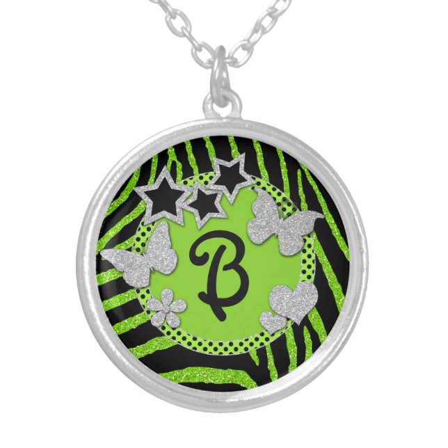 Monogram Green Black Silver Zebra Glitter Necklace (Front)