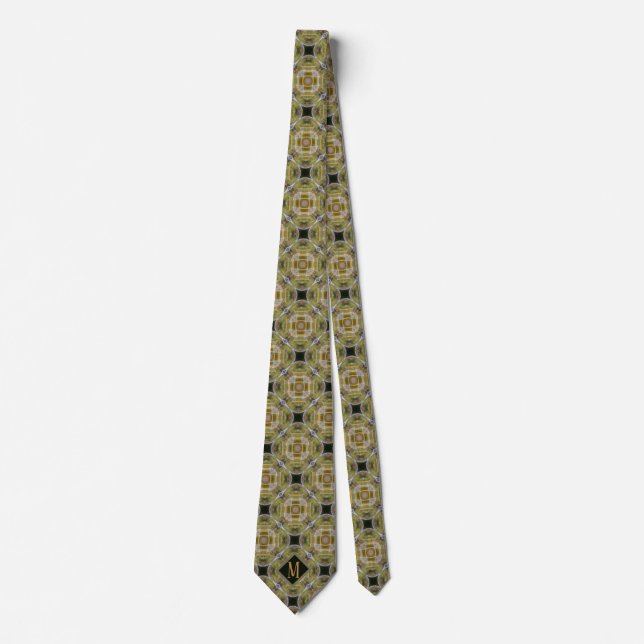 Monogram Green & Black Unique Pattern Design Men Neck Tie (Front)