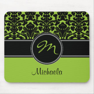 Monogram Green Black White Damask Mousepad