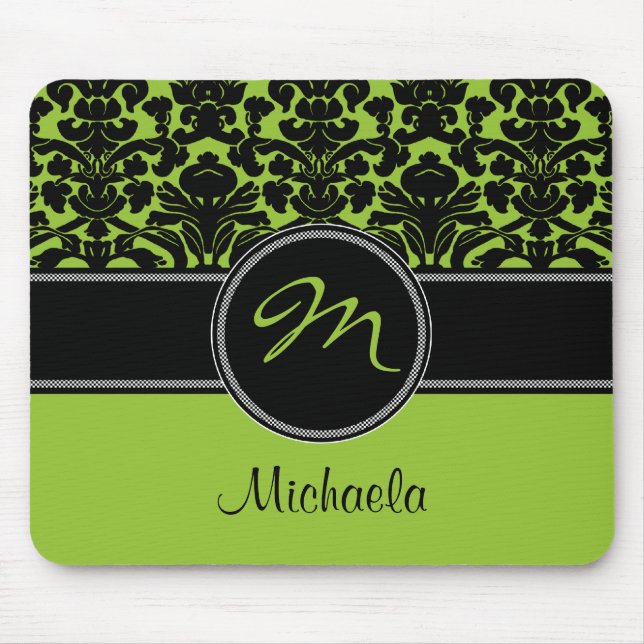 Monogram Green Black White Damask Mousepad (Front)