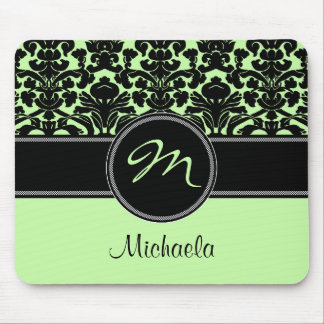 Monogram Green Black White Damask Mousepad