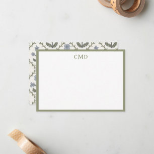 Monogram Green & Blue Floral Stationery Set Note Card