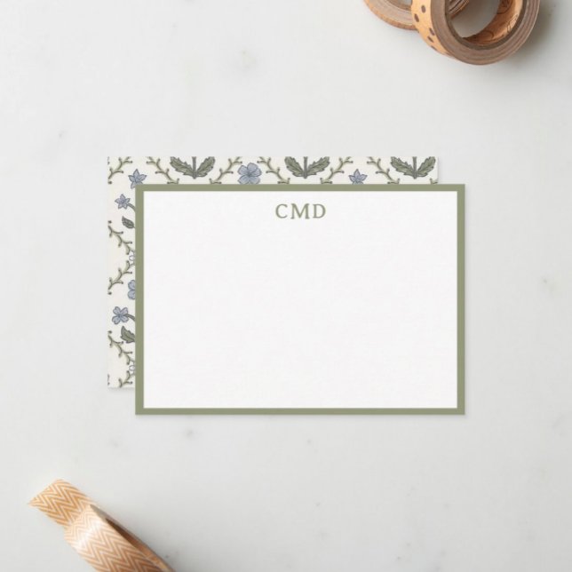 Monogram Green & Blue Floral Stationery Set Note Card (Creator Uploaded)