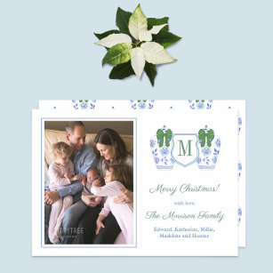 Monogram Green Blue Ginger Jars Family Photos Holiday Card