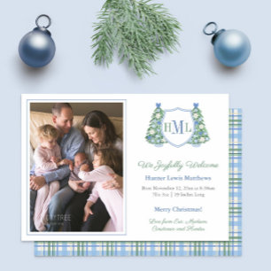 Monogram Green Blue Holidays Photo Baby Boy Birth  Announcement