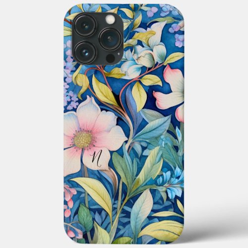 Monogram Green Blue Purple Pink Floral Greenery  iPhone 13 Pro Max Case