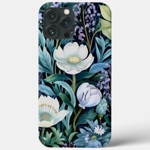 Monogram Green Blue Purple White Floral Greenery  iPhone 13 Pro Max Case