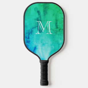 Monogram Green Blue Watercolor Texture Abstract  Pickleball Paddle