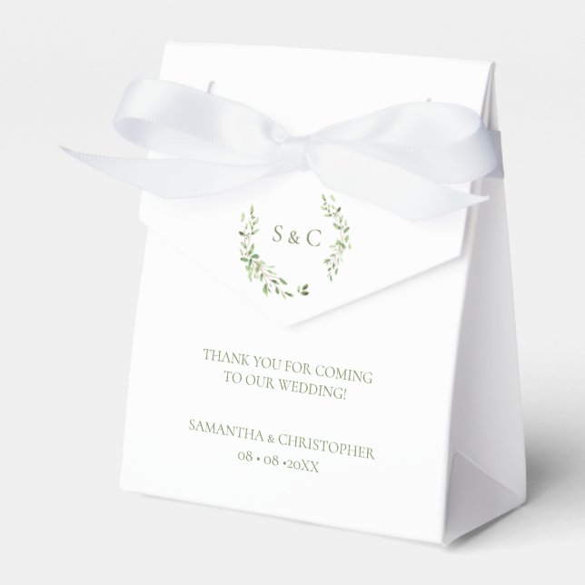 Monogram Green botanical leaves Custom Wedding Favor Boxes (Front Side)