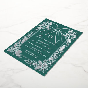 Monogram Green Bow Garland Christmas Party Foil Invitation