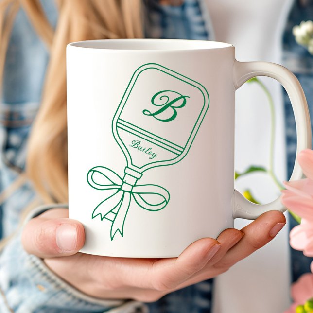 Monogram Green Bow Pickleball Paddle  Coffee Mug (Creator Uploaded)
