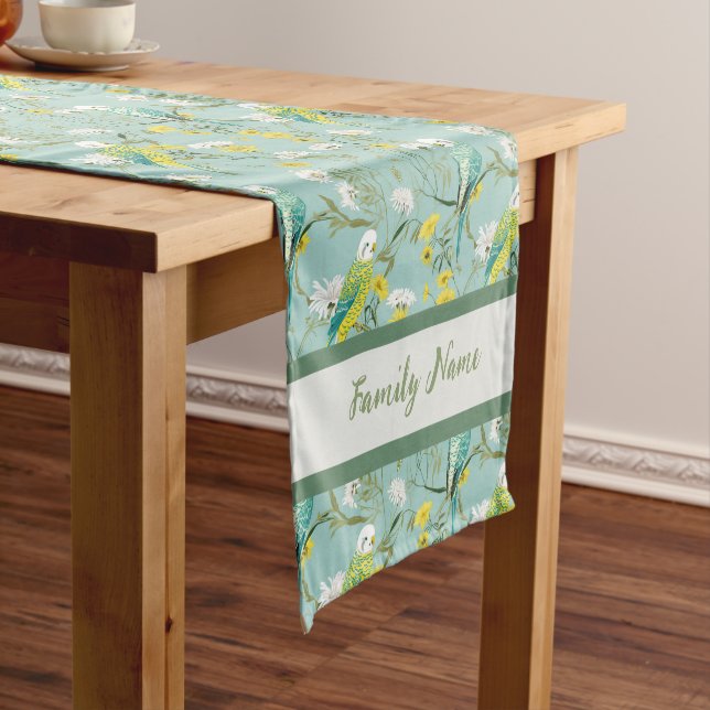 Monogram Green Budgerigar Pattern Short Table Runner (In Situ)