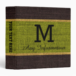 Monogram Green Burlap Linen Rustic Jute 3 Ring Binder