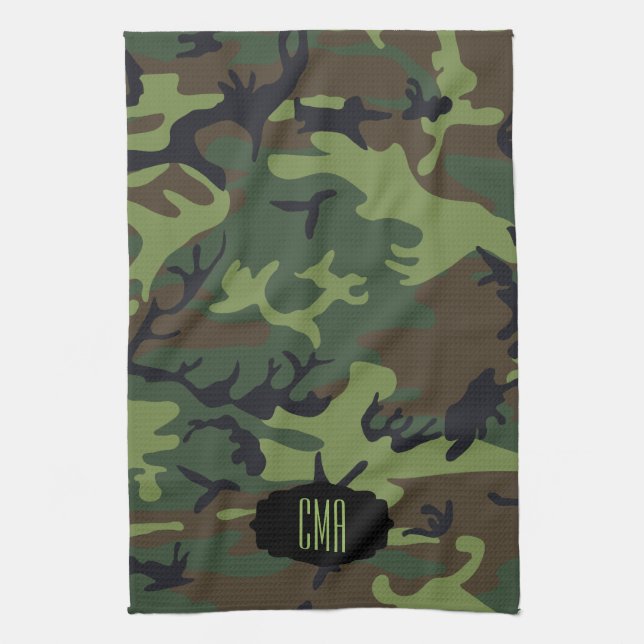 Monogram Green Camouflage Pattern Kitchen Towel (Vertical)