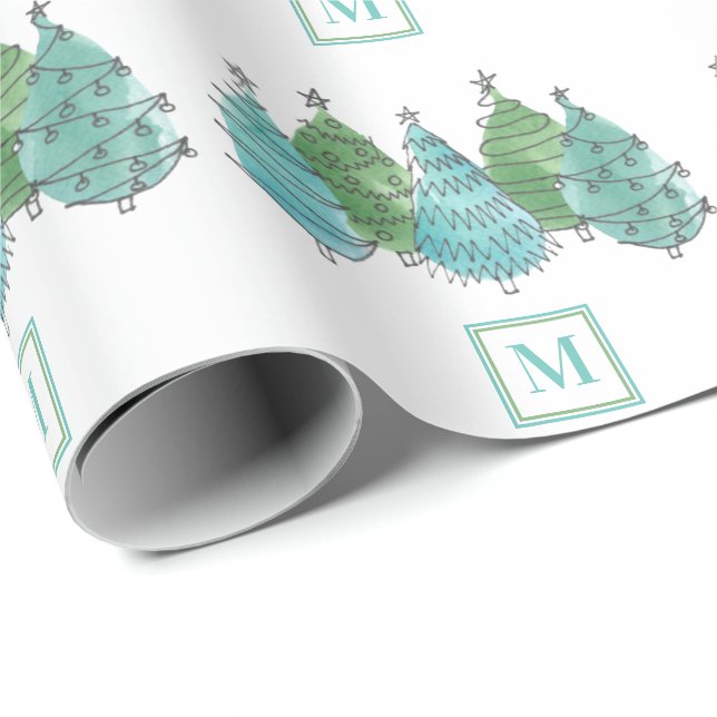 Monogram Green Christmas Trees Wrapping Paper (Roll Corner)