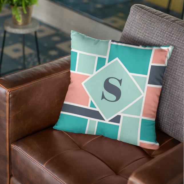 Monogram Green Coral Geometric Art Throw Pillow (Creator Uploaded)