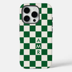 Monogram Green Cream Checkered Pattern iPhone 16 Pro Case