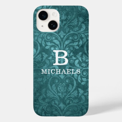 Monogram Green Damask Floral Personalized Name Case_Mate iPhone 14 Case