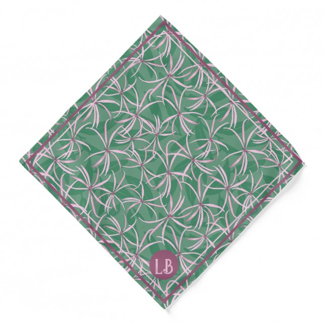 Monogram green elegant pink floral bandana (Front)