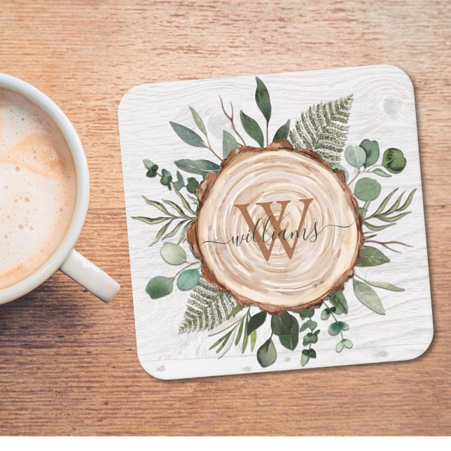 Monogram Green Eucalyptus Leaves Foliage Wood Beverage Coaster (In situ)