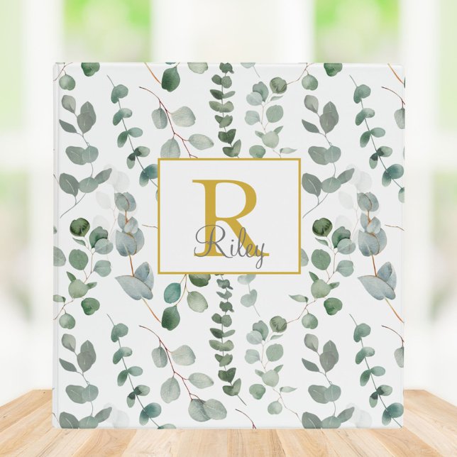 Monogram Green Eucalyptus Pattern 3 Ring Binder (In situ)