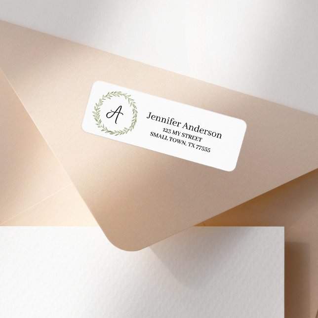 Monogram Green Floral Wreath Address Label (Creator Uploaded)