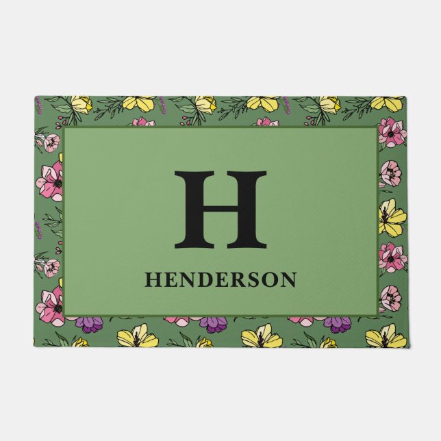Monogram Green Flower Garden Doormat (Front)