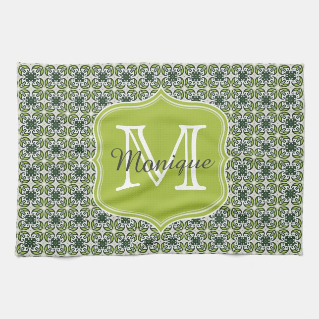 Monogram Green Flowers Pattern Kitchen Towel (Horizontal)